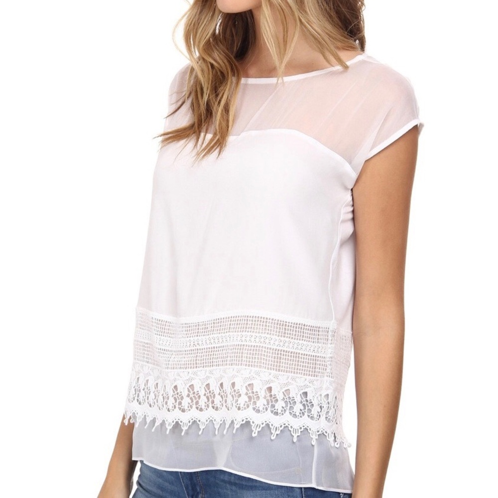 Bailey 44 Womens White Silk Sheer Crochet Top Short Cap Sleeves size XS